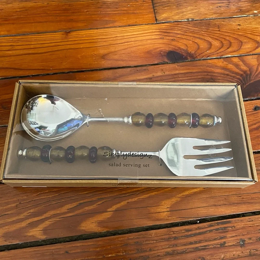 SimplyDesignz Amber Glass Handle Salad Serving Set NWT
